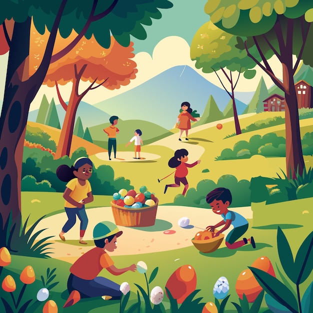 배경 에 산 이 있는 공원 에서 놀고 있는 아이 들 의 다채로운 일러스트레이션
