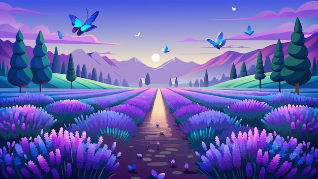 Вектор Красочный пейзаж с фиолетовыми цветами и бабочками
