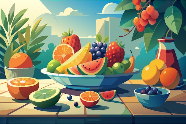 Вектор a colorful plate of fruit is on a table