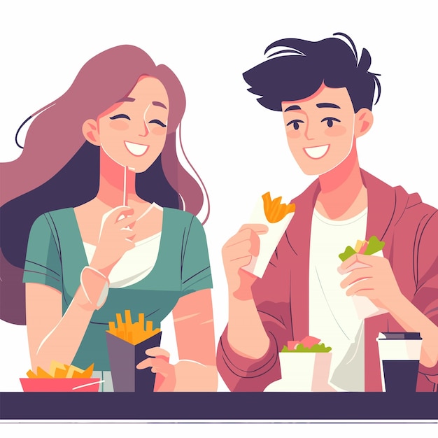 白い背景のベクトルイラストを食べているカップル