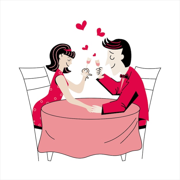 Вектор Влюбленная пара на вечеринке за столом в ретро-стиле с сердцем на заднем плане минимализм