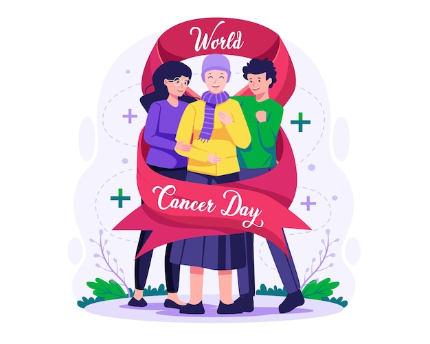 がん患者の女性を抱きしめる数人の友人。がんの日サポートの概念図