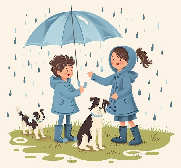 벡터 우산 에 개 에 서 있는 두 아이