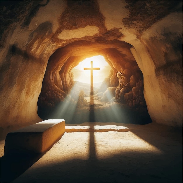 창문을 통해 빛나는 빛으로 동굴에 있는 십자가