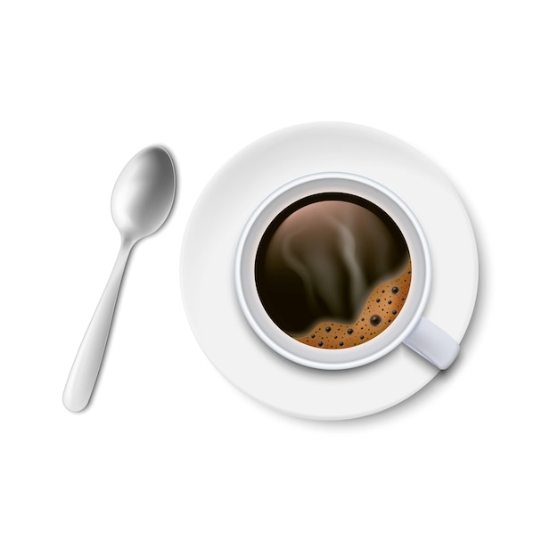 Чашка черного кофе с ложкой и блюдцем сверху на белом фоне векторная иллюстрация