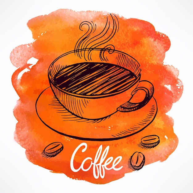 水彩画の染みの背景に一杯のコーヒー。手描きイラスト