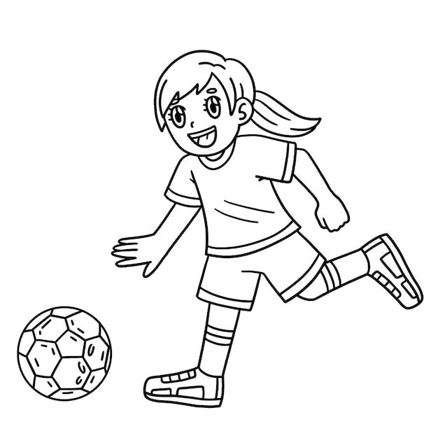サッカーボールを追いかける女の子の可愛くて面白いカラーページ 子供たちに何時間も楽しませる このページをカラーするのはとても簡単です 小さな子供や幼児に適しています
