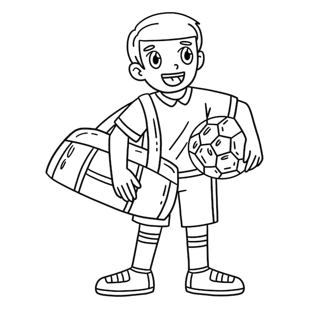 スポーツバッグを持ったサッカーボーイの可愛くて面白いカラーページ子供たちに何時間もカラーリングの楽しみを提供しますこのページをカラーすることは非常に簡単です小さな子供や幼児に適しています