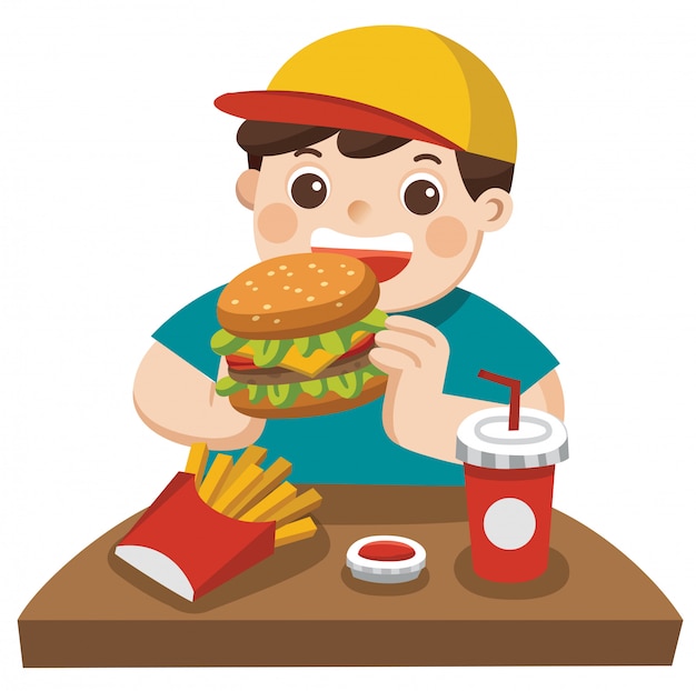 Вектор Милый мальчик ест гамбургер с картофелем фри и содовой