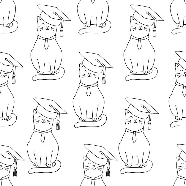 벡터 대학원 모자를 쓴 귀여운 고양이 흰색 배경에 벡터 낙서 원활한 패턴