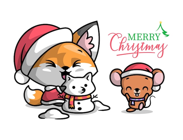 かわいいキツネと小さなマウスが雪だるまの屋外のクリスマスのイラストを作っています