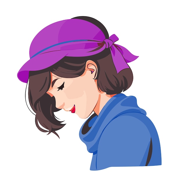 ベクトル 紫色のベレー帽をかぶったかわいい女の子 笑顔で立っている女の子 首を傾げる