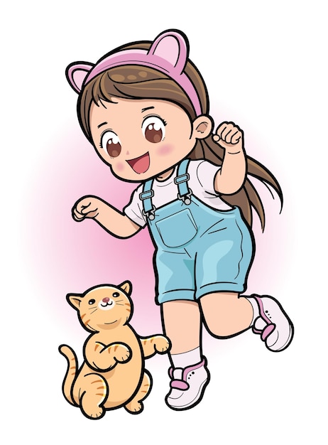 ペットの猫と遊ぶ猫の耳のヘッドバンドを身に着けているかわいい女の子