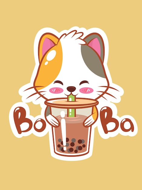 Милый котенок пьет чай боба мультипликационный персонаж иллюстрация