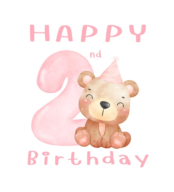 ピンクのナンバー2の無邪気な動物の水彩画でパーティーハットをかぶったかわいい2歳の誕生日テディベア