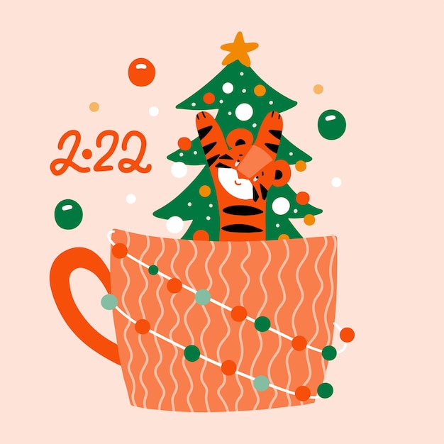 Милый тигр сидит в огромной оранжевой чашке с рождественской елкой вектор плоской рисованной иллюстрации ...