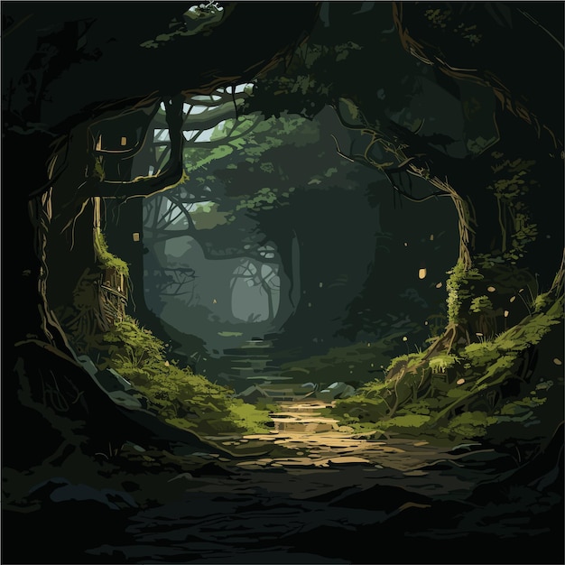 Вектор Темный пещерный лес с тропой через него, векторная иллюстрация игрового фона