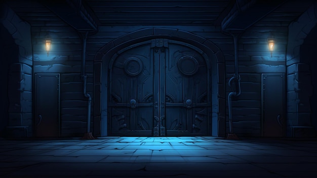 ベクトル 木製のドアと左側の青い光を持つ暗い部屋