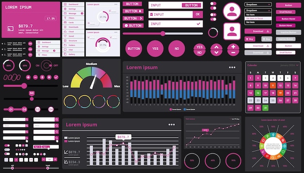 A dark set of interface elements for web and mobile applications with modern icons buttons and graphs ideal for business analytics finance and data management
