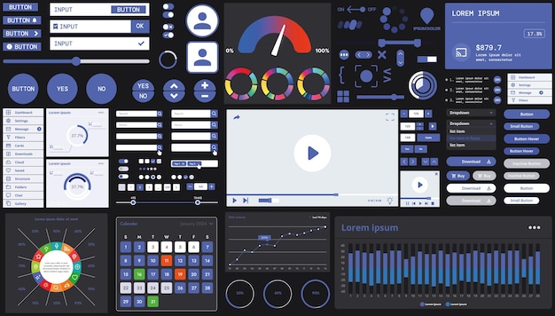 A dark set of interface elements for web and mobile applications with modern icons buttons and graphs ideal for business analytics finance and data management