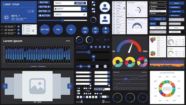 A dark set of interface elements for web and mobile applications with modern icons buttons and graphs ideal for business analytics finance and data management