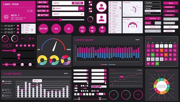 A dark set of interface elements for web and mobile applications with modern icons buttons and graphs ideal for business analytics finance and data management
