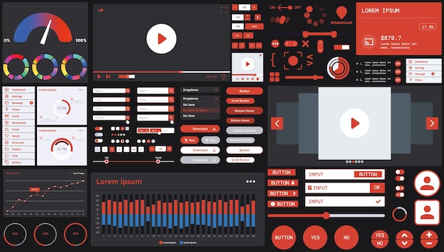 A dark set of interface elements for web and mobile applications with modern icons buttons and graphs ideal for business analytics finance and data management