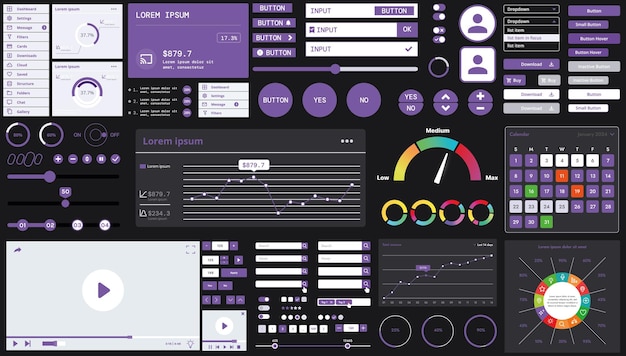A dark set of interface elements for web and mobile applications with modern icons buttons and graphs ideal for business analytics finance and data management