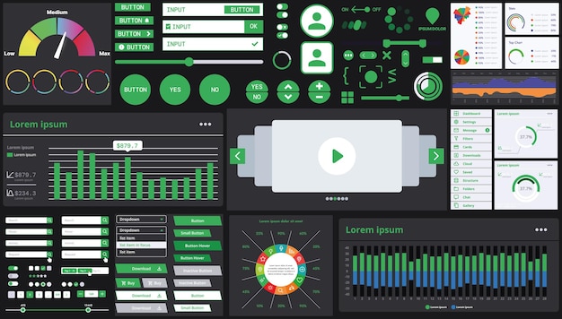 A dark set of interface elements for web and mobile applications with modern icons buttons and graphs ideal for business analytics finance and data management