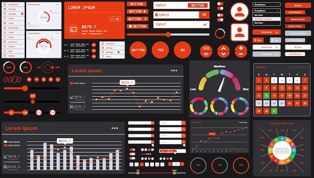 A dark set of interface elements for web and mobile applications with modern icons buttons and graphs ideal for business analytics finance and data management