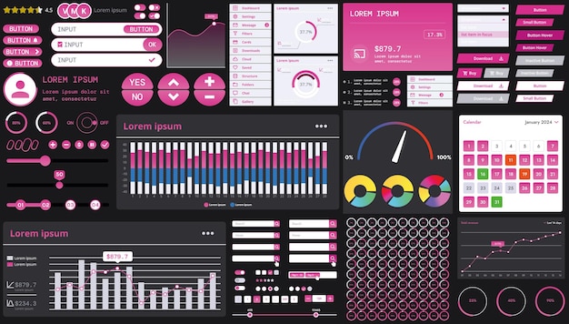 A dark set of interface elements for web and mobile applications with modern icons buttons and graphs ideal for business analytics finance and data management