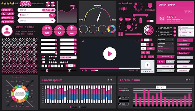 A dark set of interface elements for web and mobile applications with modern icons buttons and graphs ideal for business analytics finance and data management
