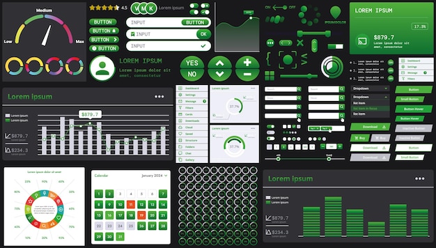 A dark set of interface elements for web and mobile applications with modern icons buttons and graphs ideal for business analytics finance and data management