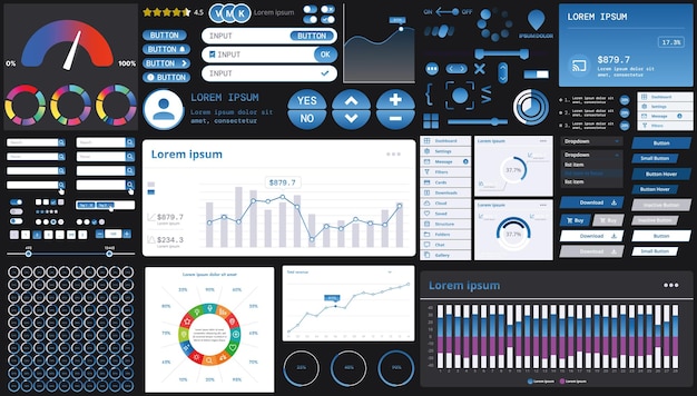 A dark set of interface elements for web and mobile applications with modern icons buttons and graphs ideal for business analytics finance and data management
