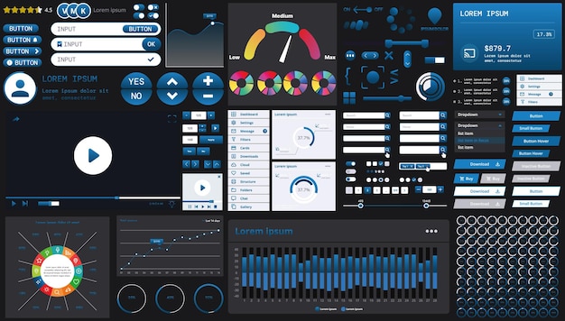 A dark set of interface elements for web and mobile applications with modern icons buttons and graphs ideal for business analytics finance and data management