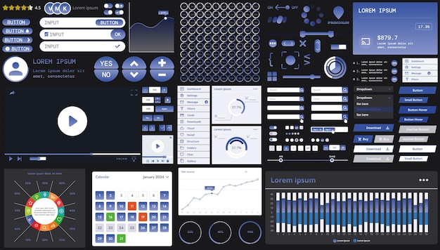 A dark set of interface elements for web and mobile applications with modern icons buttons and graphs ideal for business analytics finance and data management