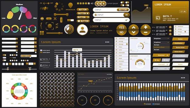 A dark set of interface elements for web and mobile applications with modern icons buttons and graphs ideal for business analytics finance and data management