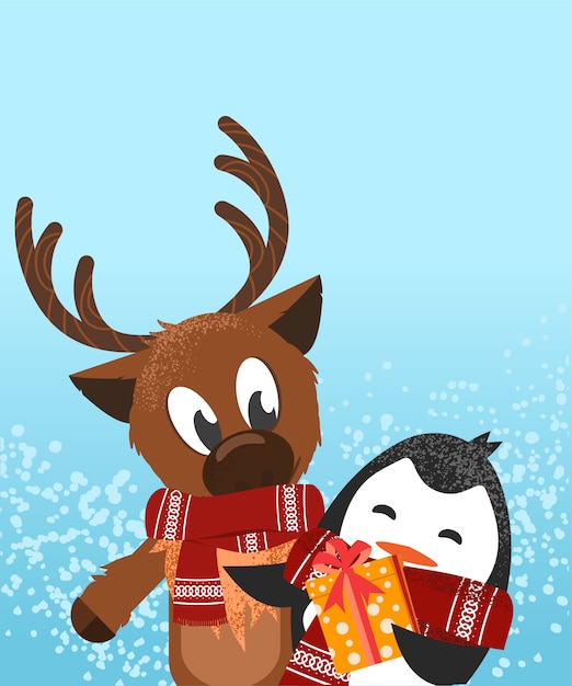 Вектор Олень и пингвин празднуют рождественскую открытку