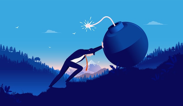 Вектор Решительный бизнесмен в костюме толкает бомбу в гору на синем фоне