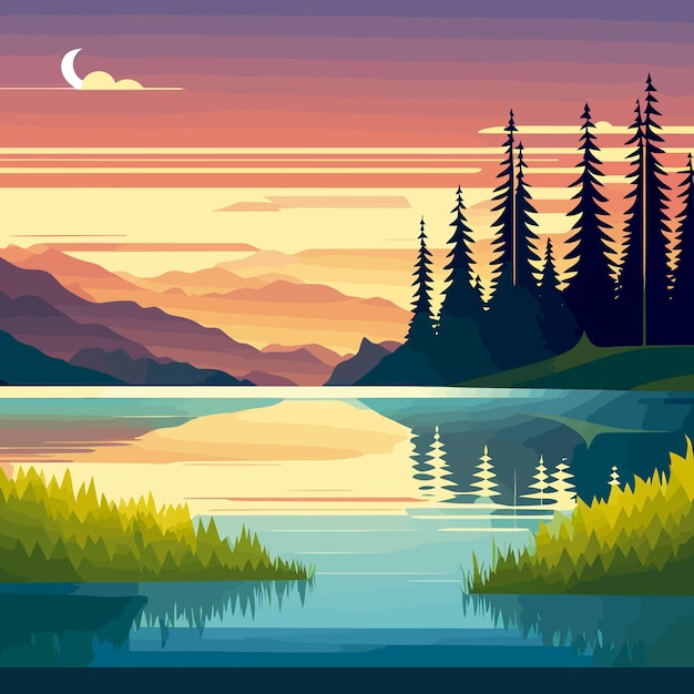 Вектор Цифровая иллюстрация озера с закатом и луной.