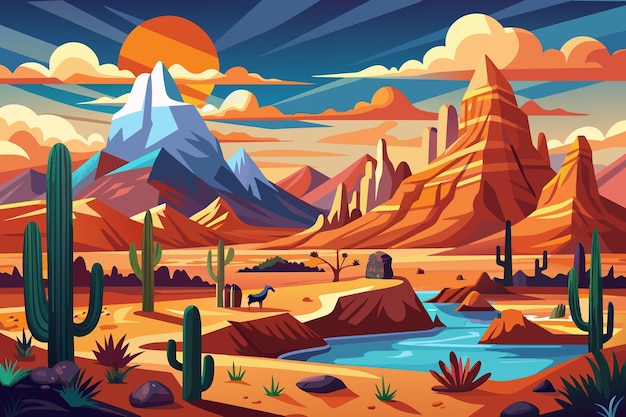 ベクトル 山と川の砂漠の風景のデジタル絵画