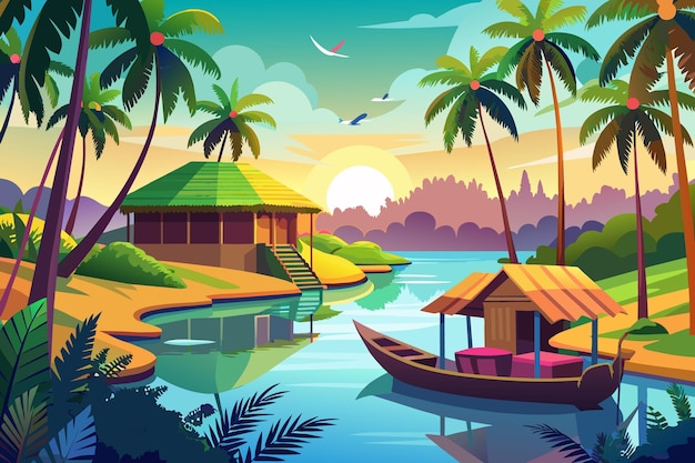 Вектор Цифровая картина заката с лодками и пальмами