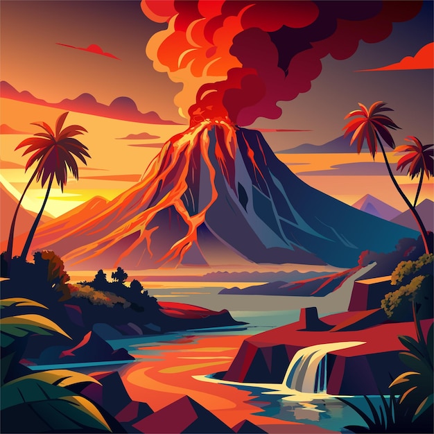 ベクトル 背景に山がある火山のデジタル絵画