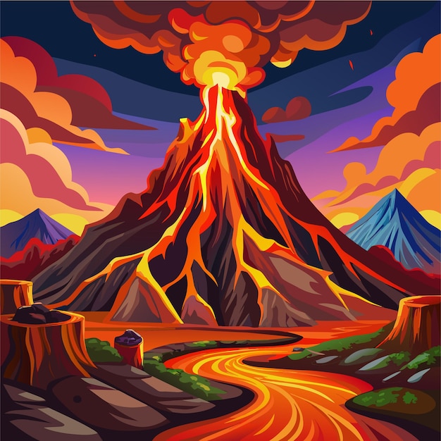 ベクトル 背景に山がある火山のデジタル絵画