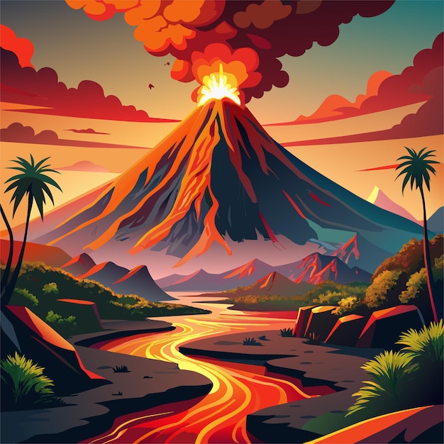 ベクトル 背景に山がある火山のデジタル絵画