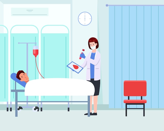 벡터 하얀 가운을 입은 의사가 옆에 빨간 하트가 있는 병원 침대 옆에 서 있다