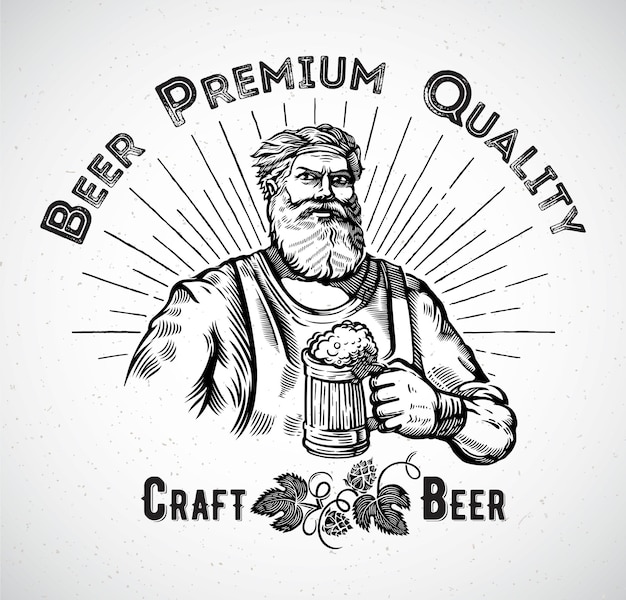 Вектор Рисунок бородатого человека с этикеткой пива, на которой написано 
