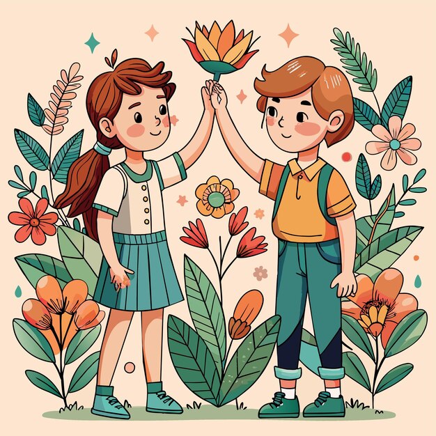 Вектор Рисунок мальчика и девушки, держащих цветок