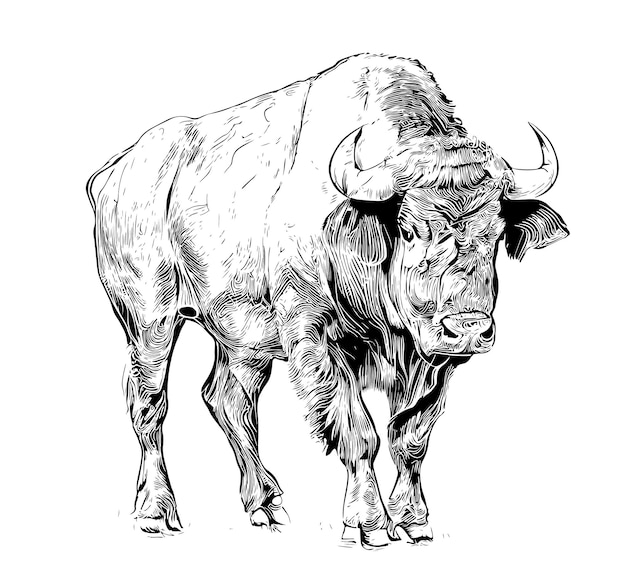 ベクトル 黒と白の背景に角のある雄牛の絵。