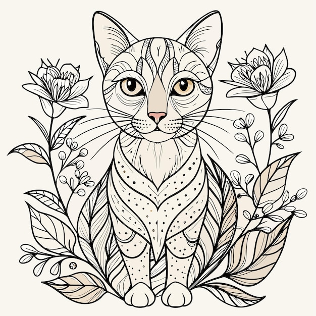 ベクトル 花と猫の絵を描いた猫の絵